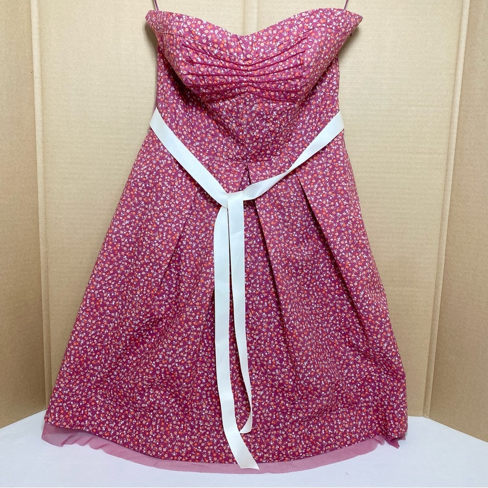 Vintage American Eagle Floral Pink Strapless Dress with Cream Ribbon Junior Sz 4